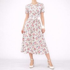 90s Floral Print Skirt Set Womens M Rose Buttons Midi Skirt Cottagecore Babydoll